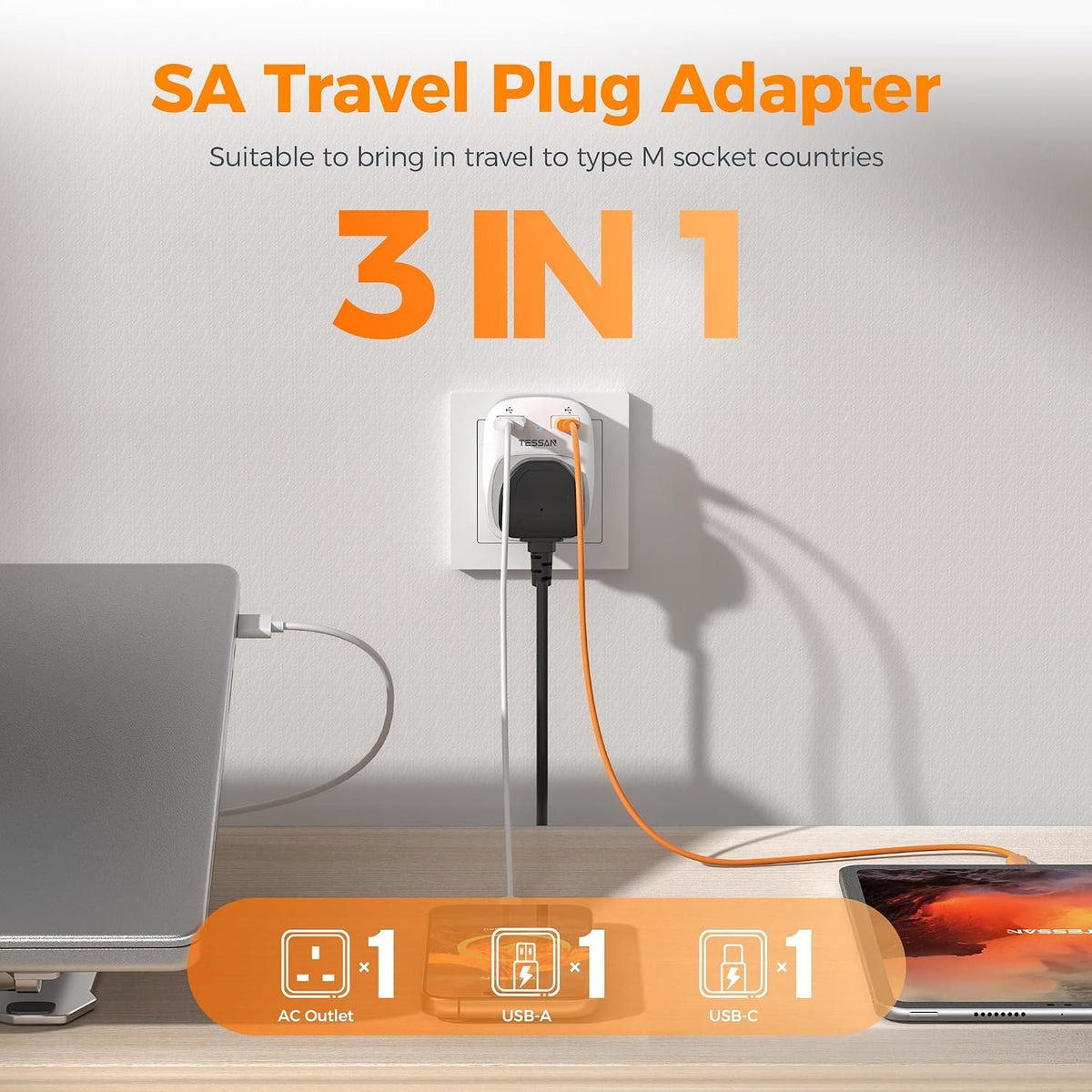 TESSAN UK to South Africa Plug Adapter, Type M Travel Adapter with USB C