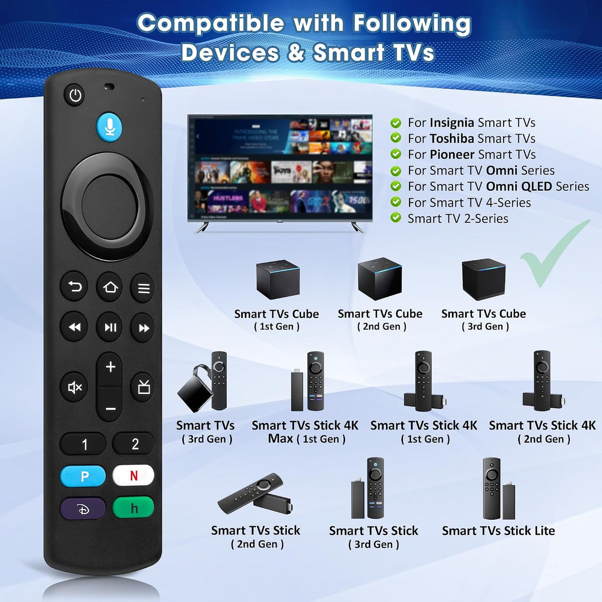 Voice Replacement Remote for Insignia TV/Fir‘eStick/Cube, AMZ Serie Stick(HD, 4K, 4K Max, Lite), Remote with Fir’eSearch, Easy Pairing for Insignia, Hisense, TCL, 3rd Gen Smart TVs