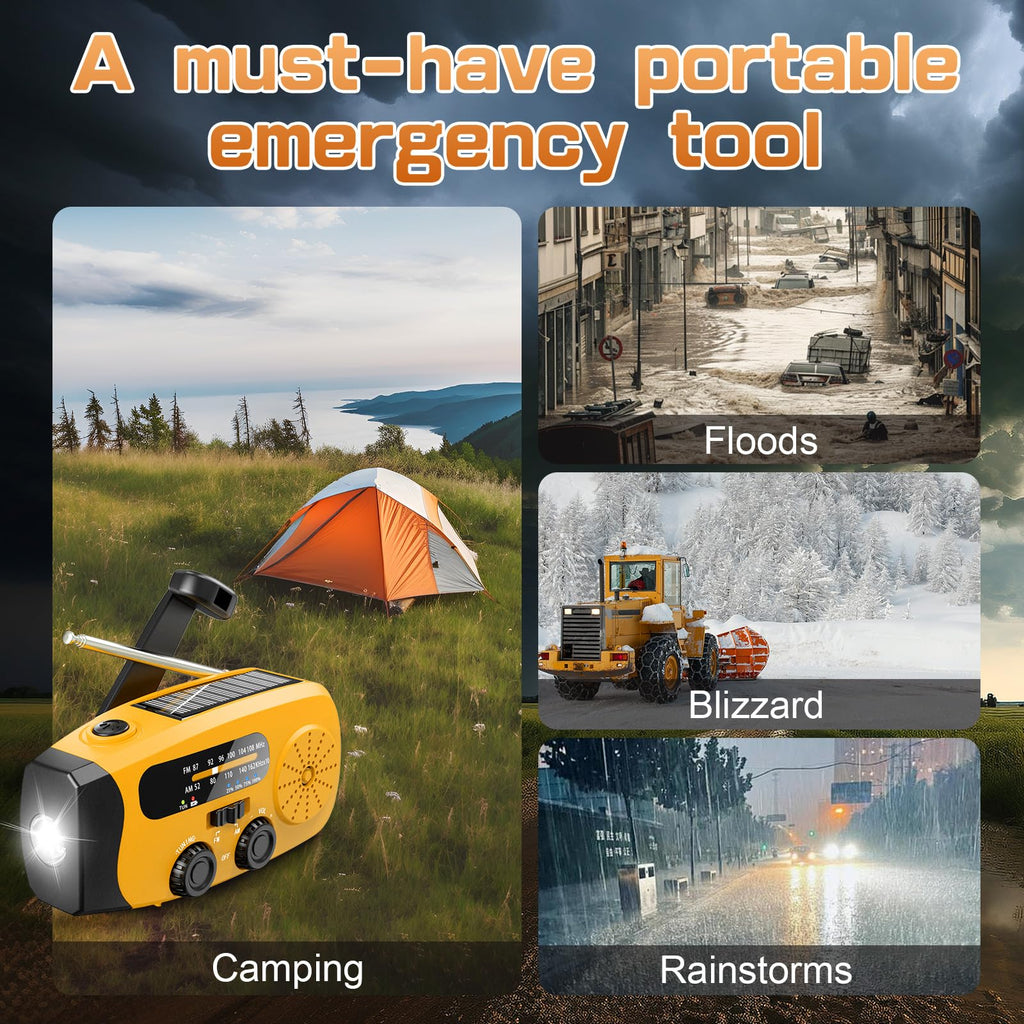 Wind Up Radio, Solar Emergency Radio, Portable Hand Crank Radio, AM/FM Radio with LED Torch, 2000mAh Rechargeable Power Bank, SOS Alarm, USB Phone Charger, Emergency for Camping Hiking (Light Orange)