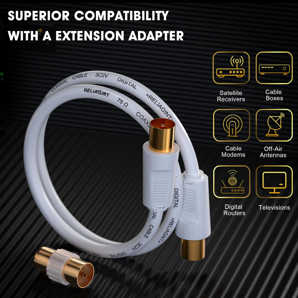 TV Aerial Cable 0.5m, 75 Ohm Coaxial Lead, IEC 9.5mm Male to Male 3C2V Pure Copper Dual Shielded, Right-Angle Connector, Female to Female Adaptor Included, Black