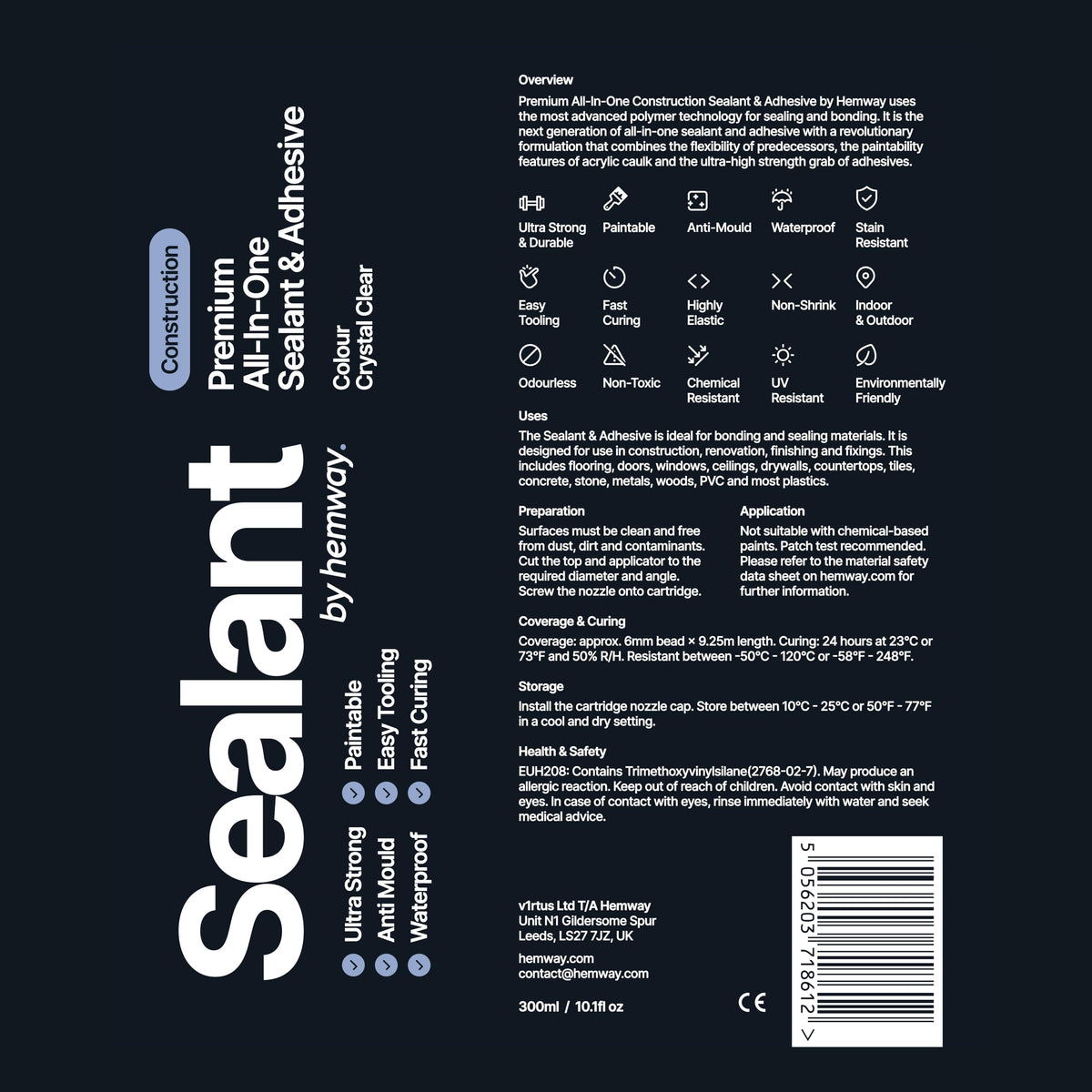 Hemway Kitchen & Bathroom Jet Black Sealant & Adhesive 300ml 1 Pack