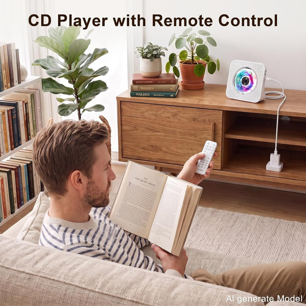 Portable CD Player with Bluetooth, Gueray Desktop CD Players for Home, Bulit-in Double HiFi Speakers, AUX&Headphone Jack, FM Radio Boombox with Remote Control, USB Port,LCD Display (White)