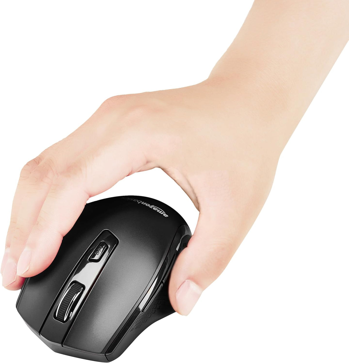 Amazon Basics Wireless Mouse, Ergonomic Mouse with Adjustable DPI 600-3600, 2.4 GHz USB Receiver for Home Office Laptop Desktop, Black