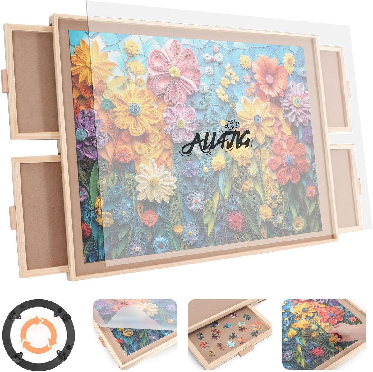 ALL4JIG 1500 Piece Rotating Puzzle Board with 4 Drawer 24.92"x33.58"Portable Wooden Jigsaw Puzzle Table for Adults,Lazy Susan Spinning Puzzle Boards Birthday Gift for mom,Surface for Bricks Building