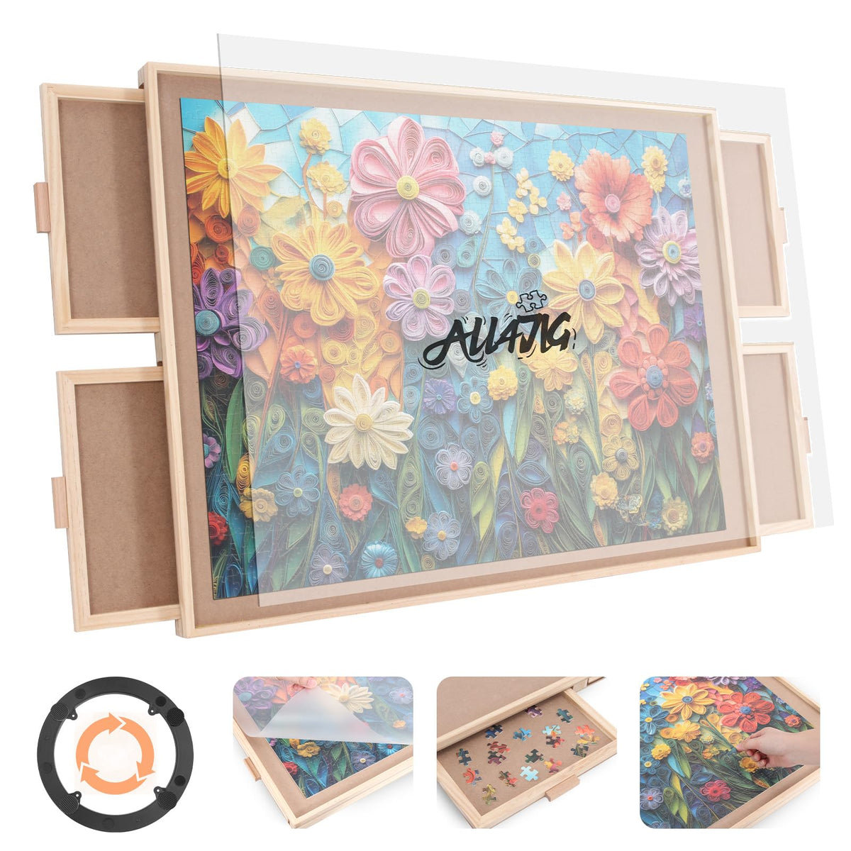 ALL4JIG 1500 Piece Rotating Puzzle Board with 4 Drawer 24.92"x33.58"Portable Wooden Jigsaw Puzzle Table for Adults,Lazy Susan Spinning Puzzle Boards Birthday Gift for mom,Surface for Bricks Building