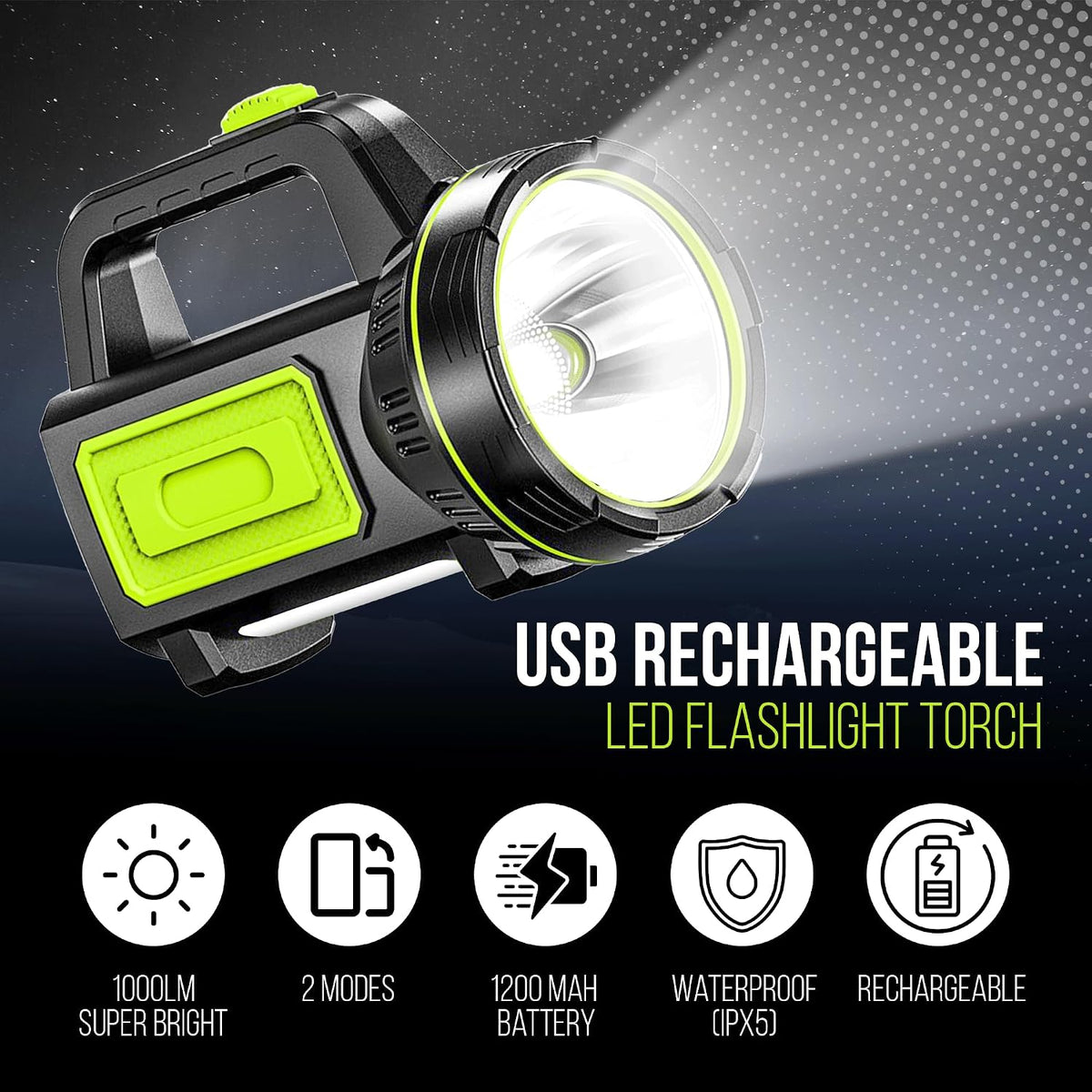 Ultra-Bright LED Rechargeable Torch – 1000LM Handheld Flashlight 1200mAh, 2 Modes, Compact & Waterproof (IPX5) – Perfect for Camping, Outdoor Activities & Emergency Use