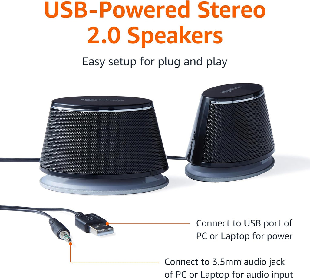 Amazon Basics PC Speakers Stereo 2.0 for Desktop, 3.5mm Input, USB-Powered, Black