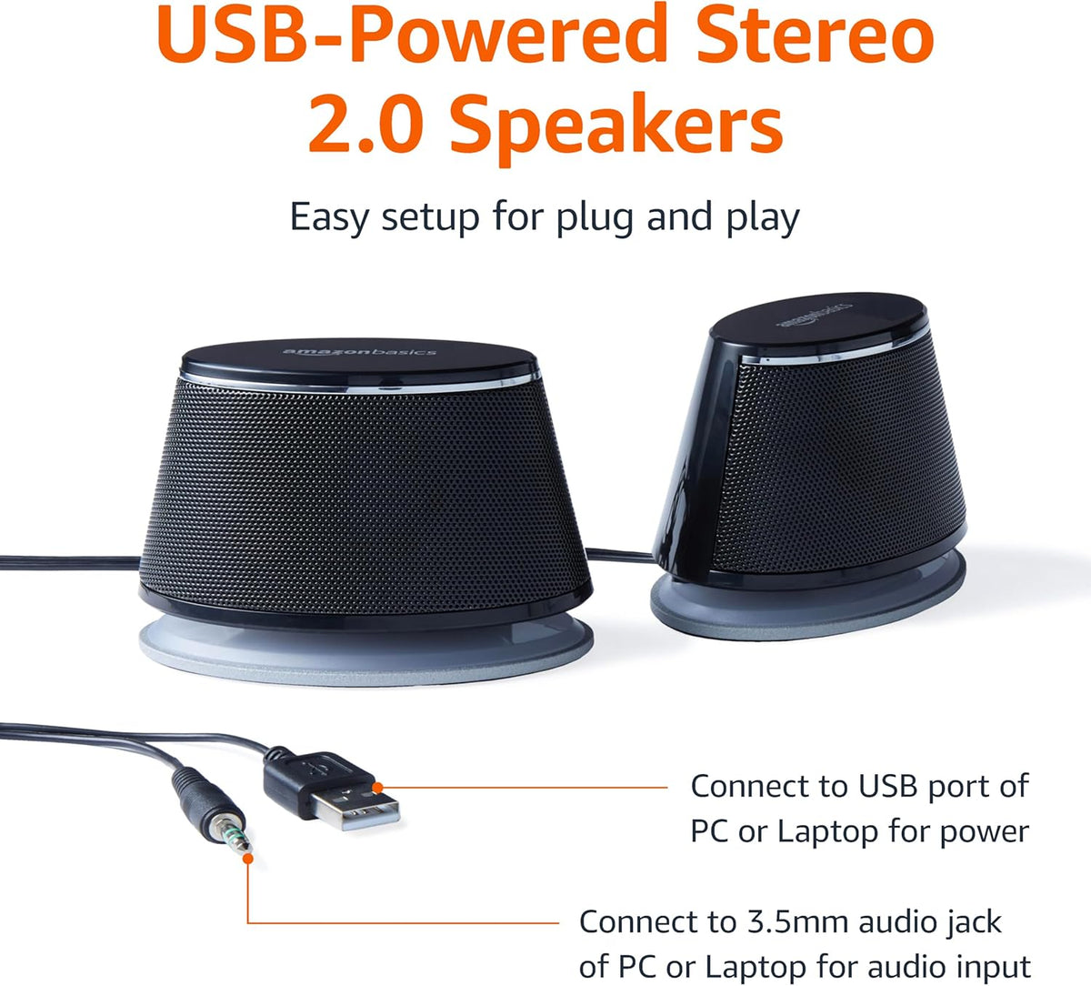 Amazon Basics PC Speakers Stereo 2.0 for Desktop, 3.5mm Input, USB-Powered, Black