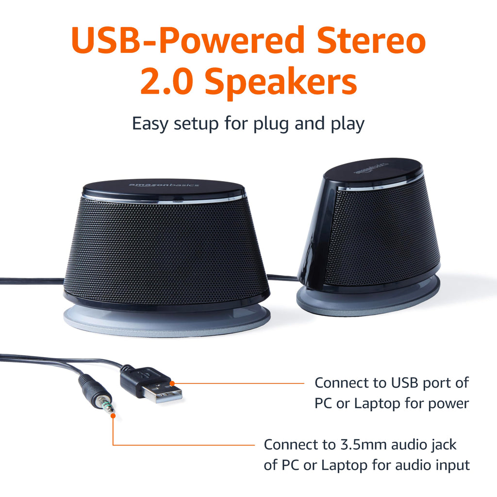 Amazon Basics PC Speakers for Desktop or Laptop, 3.5mm Aux, USB-Powered, Silver