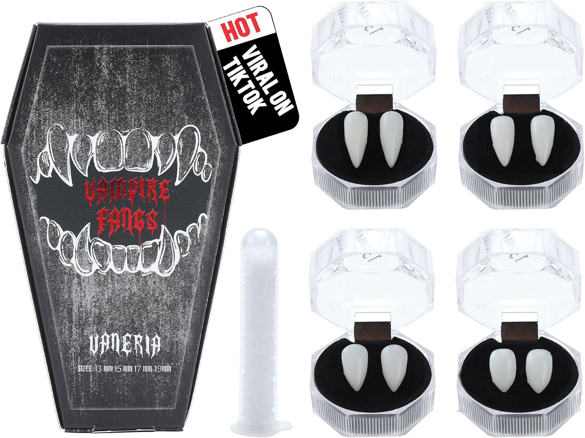 VANERIA 4 Pairs Vampire Fangs,4 Size Fangs For Cosplay Halloween with Tube Solid Adhesive,Vampire Coffin Gift Box Design,Vegan/Cruelty Free
