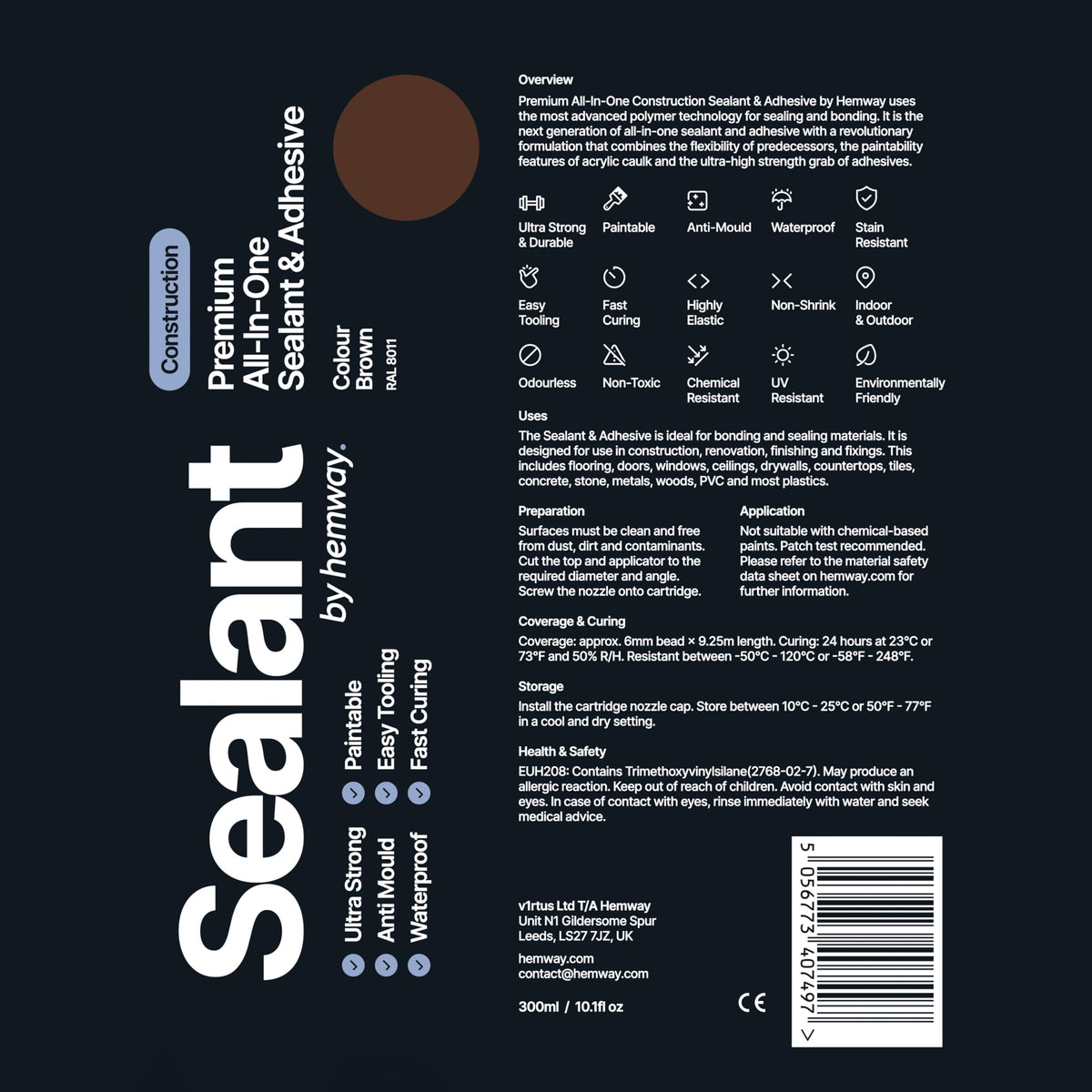 Hemway Kitchen & Bathroom Jet Black Sealant & Adhesive 300ml 1 Pack