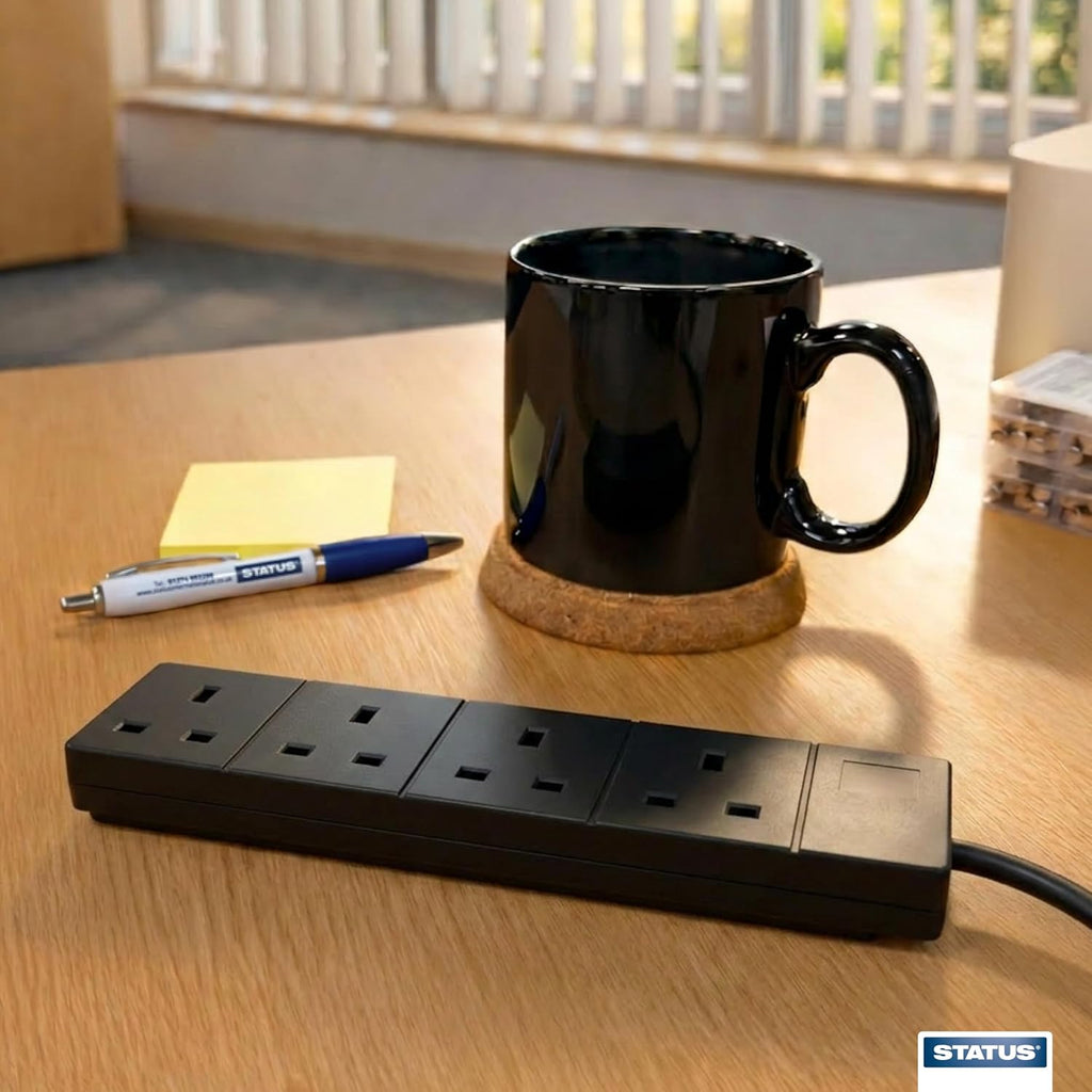 STATUS 4 Socket Extension Lead, 2m Black 13A Power Strip for Home or Office Use (S4W2MBL1PK4)
