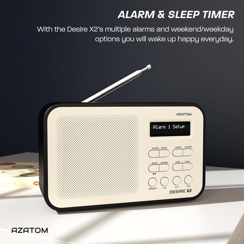 DAB/DAB+ & FM Portable Digital Radio | Simple Controls | Dual Alarms & Sleep Timer | Battery & Mains Powered (4x”AA”) | Bluetooth | Perfect for Home, Office or Outdoors | AZATOM Desire X2 (Black)