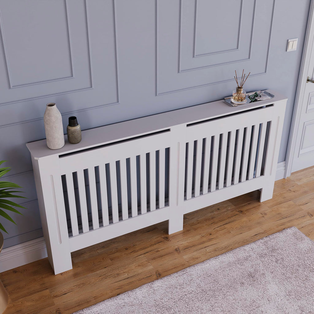 Vida Designs Chelsea Radiator Cover White - Medium - Modern Vertical Slat Design For Optimal Heat Circulation - H82xW111xD19cm - Painted MDF Cabinet Ideal For Living Room & Hallway