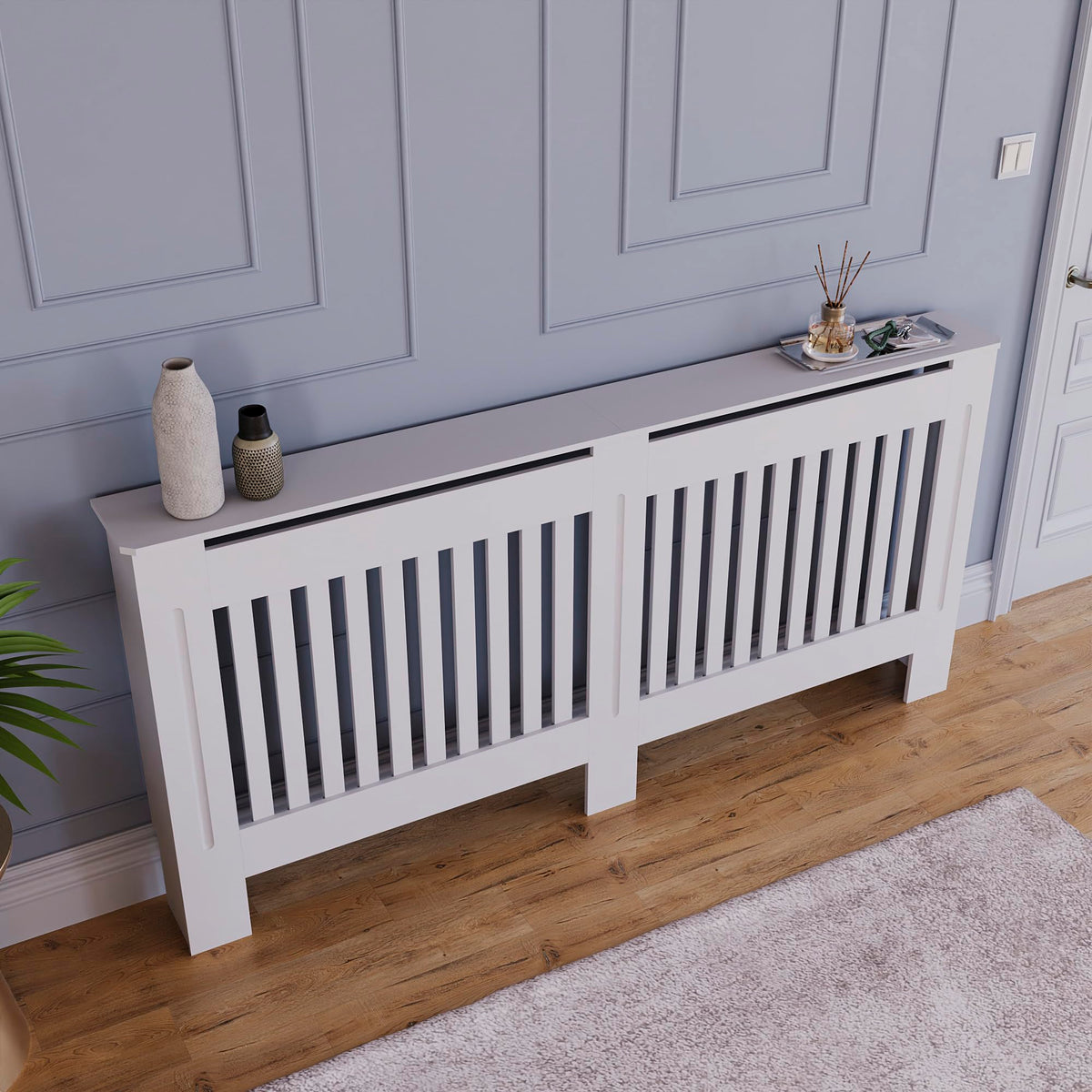 Vida Designs Chelsea Radiator Cover White - Medium - Modern Vertical Slat Design For Optimal Heat Circulation - H82xW111xD19cm - Painted MDF Cabinet Ideal For Living Room & Hallway