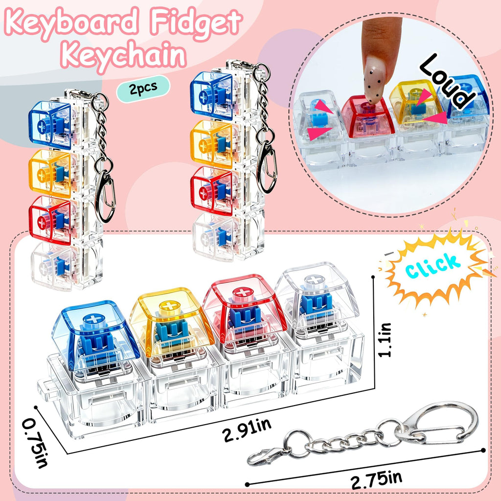 2 PCS Keyboard Fidget Toy, Keyboard Fidget Keychain 4-in-1 Keyboard Decompression Button Finger Clicker Toys (Pink Yellow White Green, General)