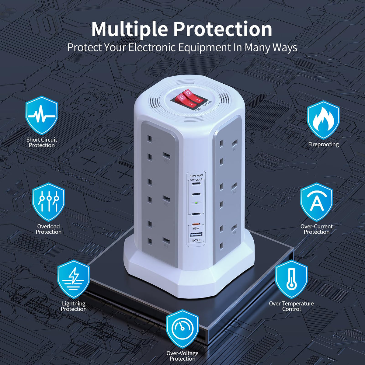 HAFINO Tower Extension Lead with USB Slots, PD18W USB C Fast Charger, 1.8M