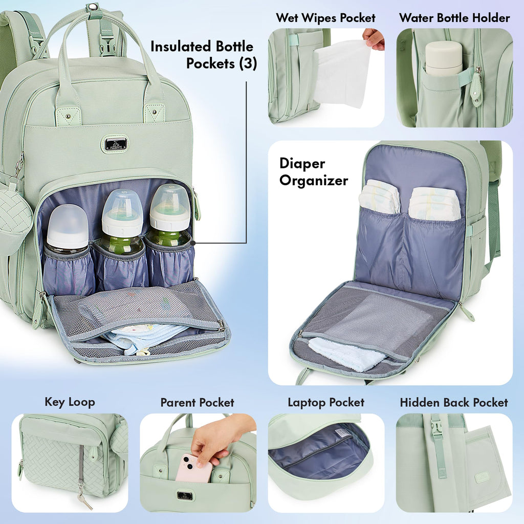 Dikaslon Baby Changing Bag Backpack, Large Nappy Back Pack Multifunction Baby Bags with Portable Changing Mat, Pacifier Holder, and Stroller Straps, for Mom and Dad