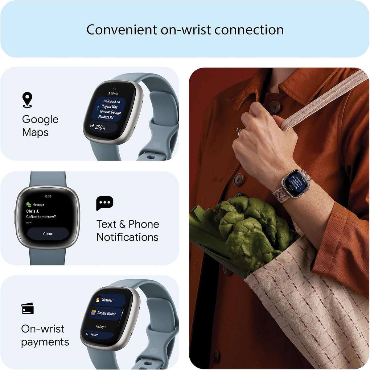 Google Fitbit Versa 4 Fitness Smartwatch with built-in GPS and up to 6 days battery life - compatible with iOS 15 or higher & Android OS 9.0 or higher, Waterfall Blue/Platinum