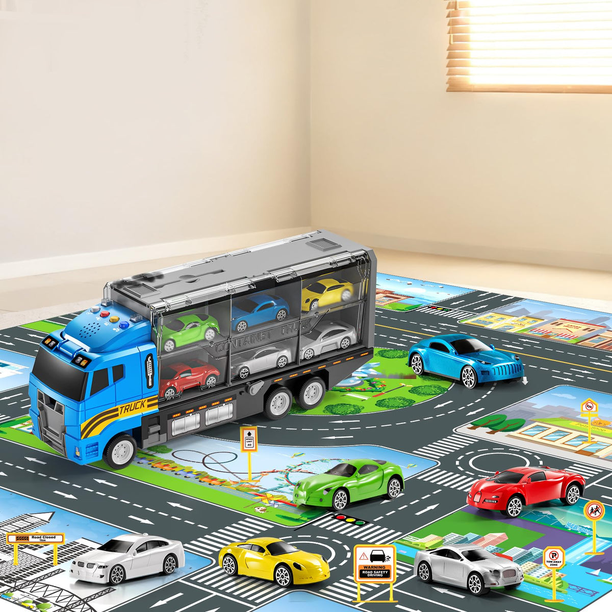 NIPLOOOW Kids Boys Construction Truck Vehicle Toy Set with Play Mat and Die-Cast Toy Car, Transport Carrier Truck for Kids 3-5, Birthday Gifts Toys for 3-8 Year Old Boys
