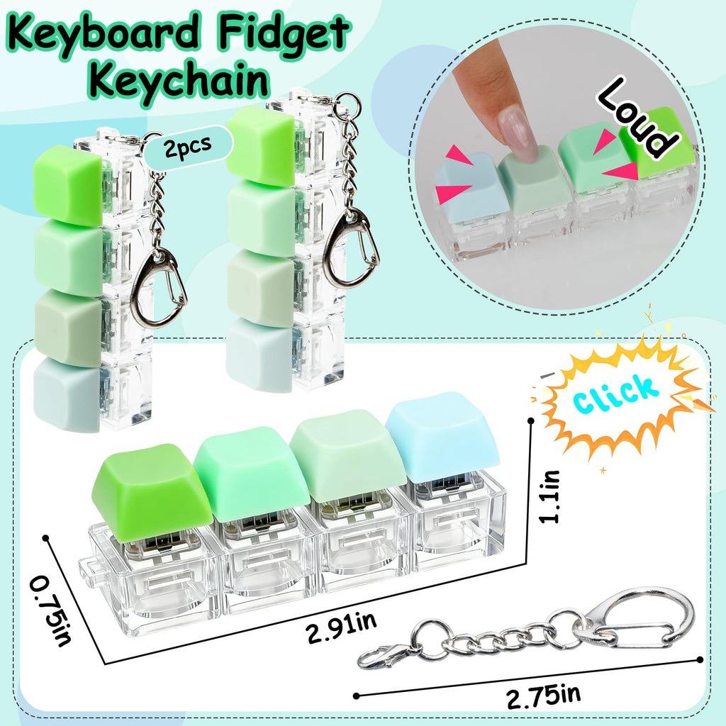 2 PCS Keyboard Fidget Toy, Keyboard Fidget Keychain 4-in-1 Keyboard Decompression Button Finger Clicker Toys (Pink Yellow White Green, General)