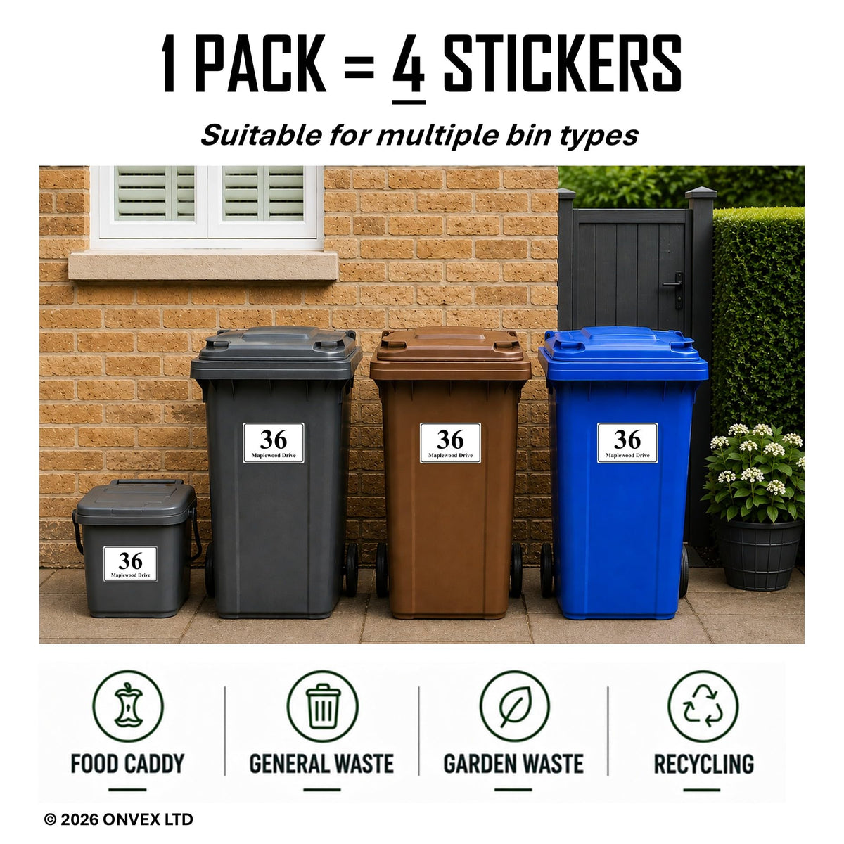 Set of 4 Personalised Wheelie Bin Stickers, Custom Bin Number Stickers with House Number and Street Name, Waterproof Labels for Rubbish and Recycling Bins, Easy Apply, 100 x 150mm (Style - Classic)