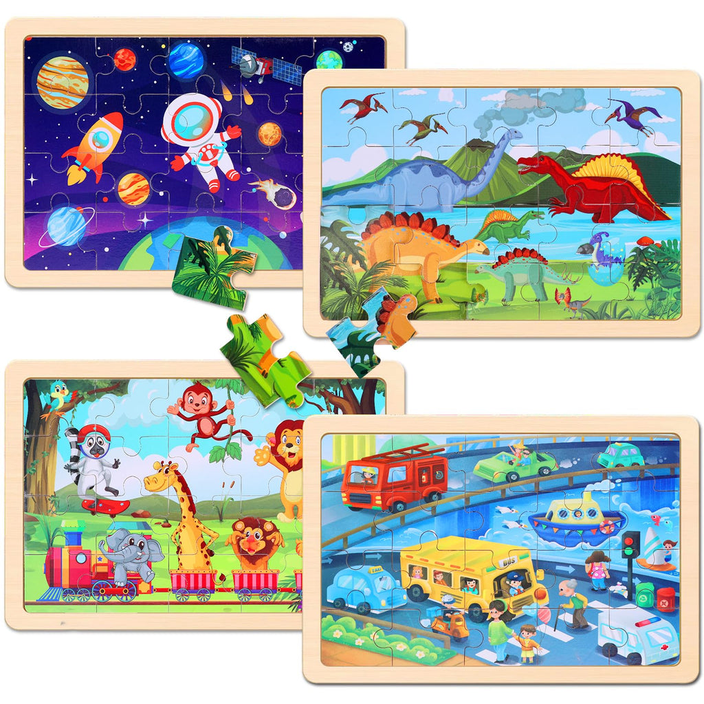 Wooden Puzzles Dinosaur Toys for Kids Ages 3-5, Set of 4 Packs with 20-Piece Wood Jigsaw Puzzles, Preschool Educational Brain Teaser Boards for Boys and Girls 3 4 5 6 Years Old