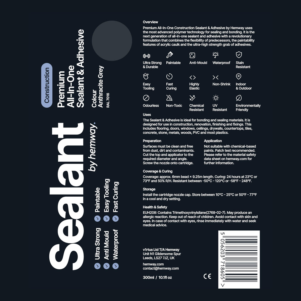 Hemway Kitchen & Bathroom Jet Black Sealant & Adhesive 300ml 1 Pack