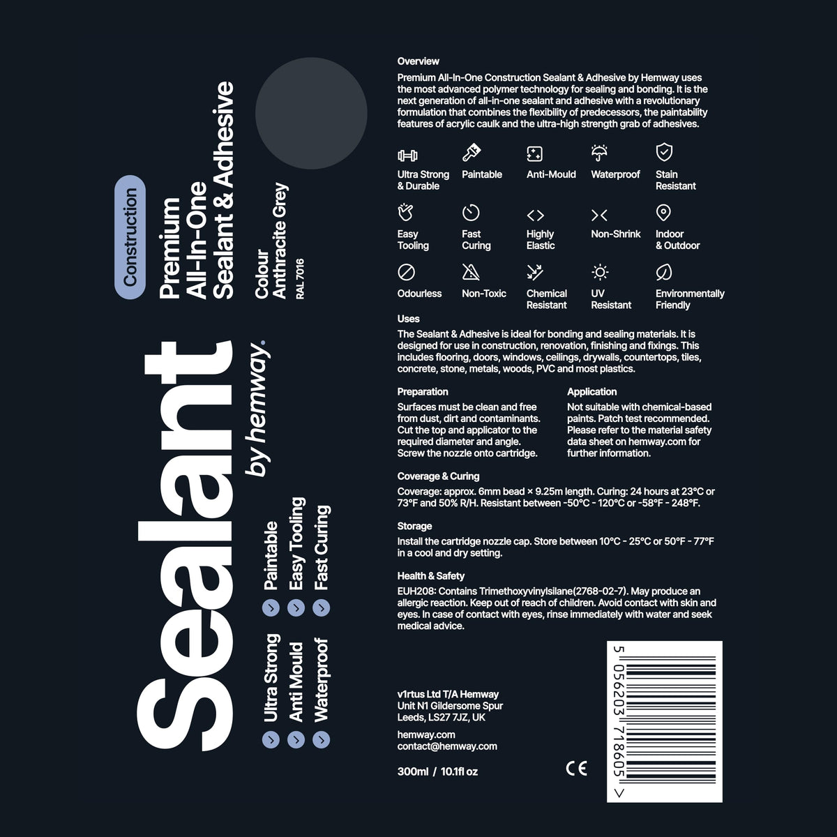 Hemway Kitchen & Bathroom Jet Black Sealant & Adhesive 300ml 1 Pack