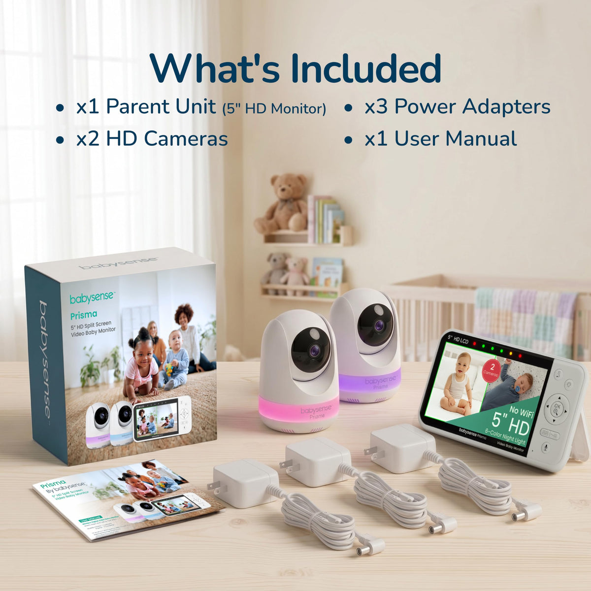 Babysense Prisma Baby Monitor with Camera and Night Vision, 5” HD Video Baby Monitor, 6-Color Night Light, Split Screen, Baby Sound Machine with White Noise & Lullabies, Secure No WiFi