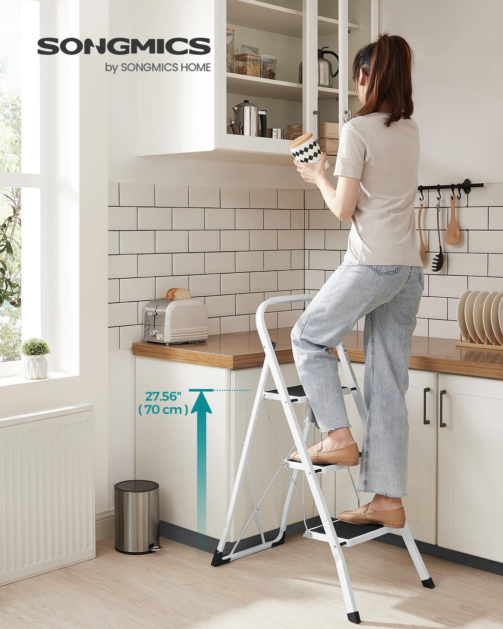 SONGMICS 3-Step Ladder, Folding Step Ladder, Safety, Holds up to 150KG