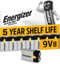 Energizer Alkaline Power - 9V Battery (8 Pack) - Nine Volt Block Batteries