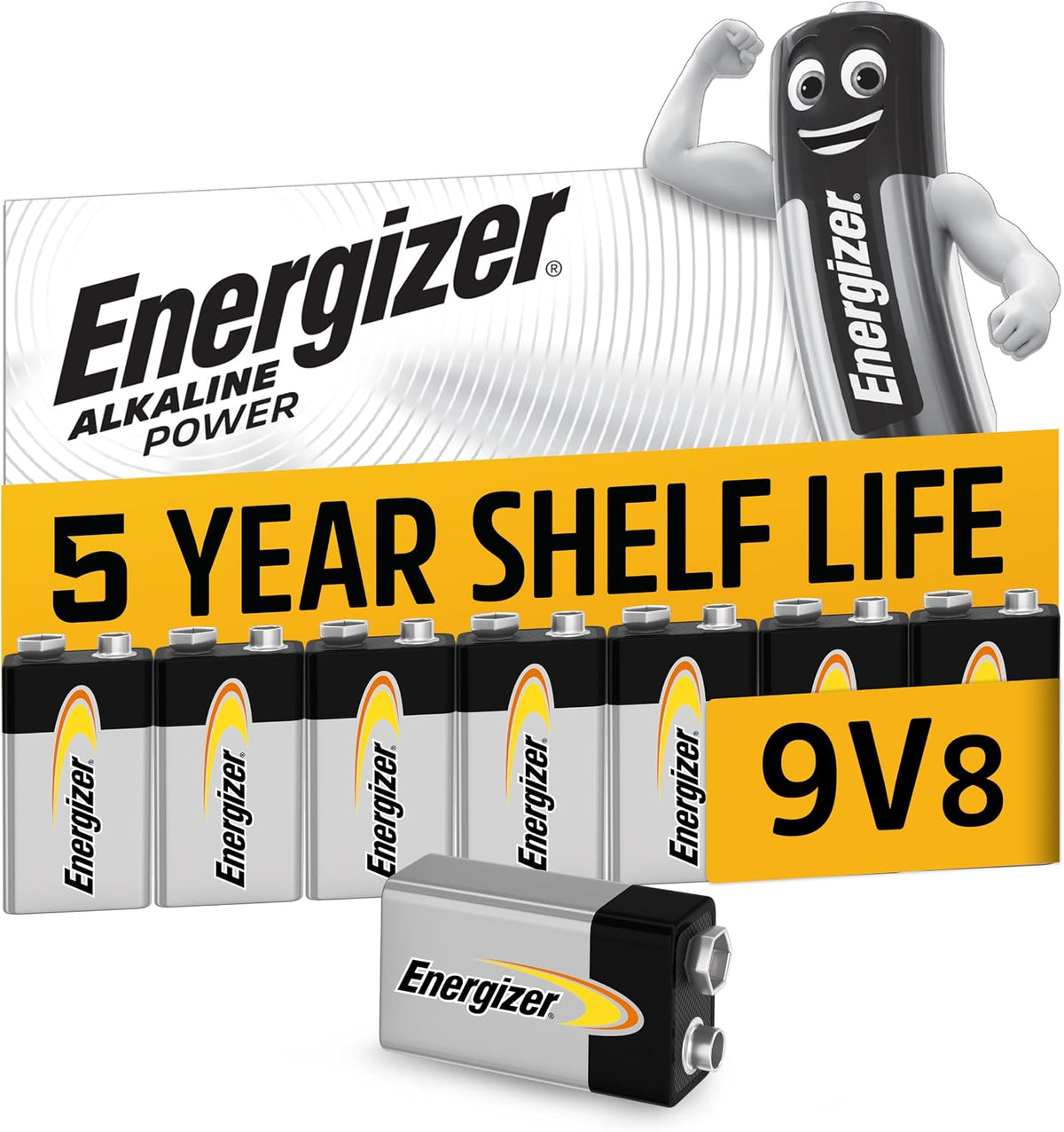 Energizer Alkaline Power - 9V Battery (8 Pack) - Nine Volt Block Batteries
