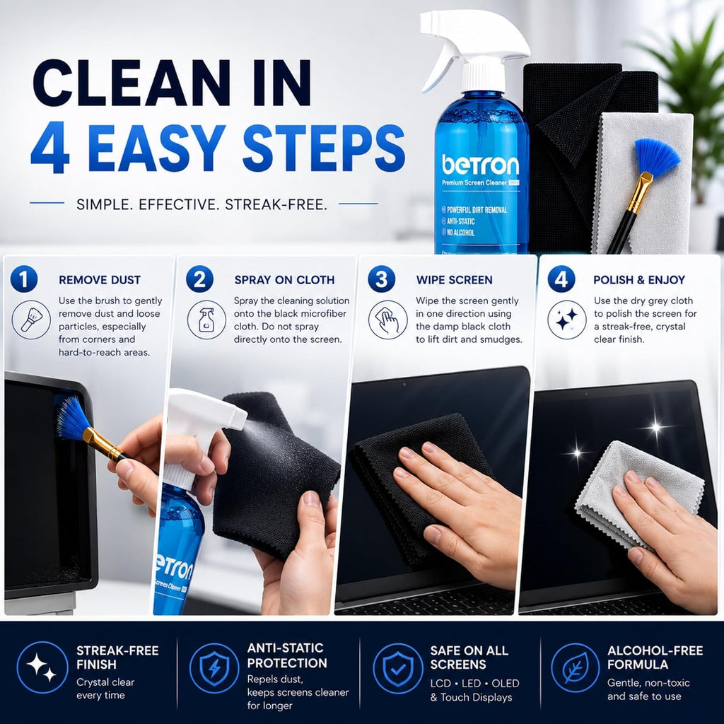 Betron Screen Cleaner Spray Kit with Cloth for TV, Laptop, Monitor, 500ml