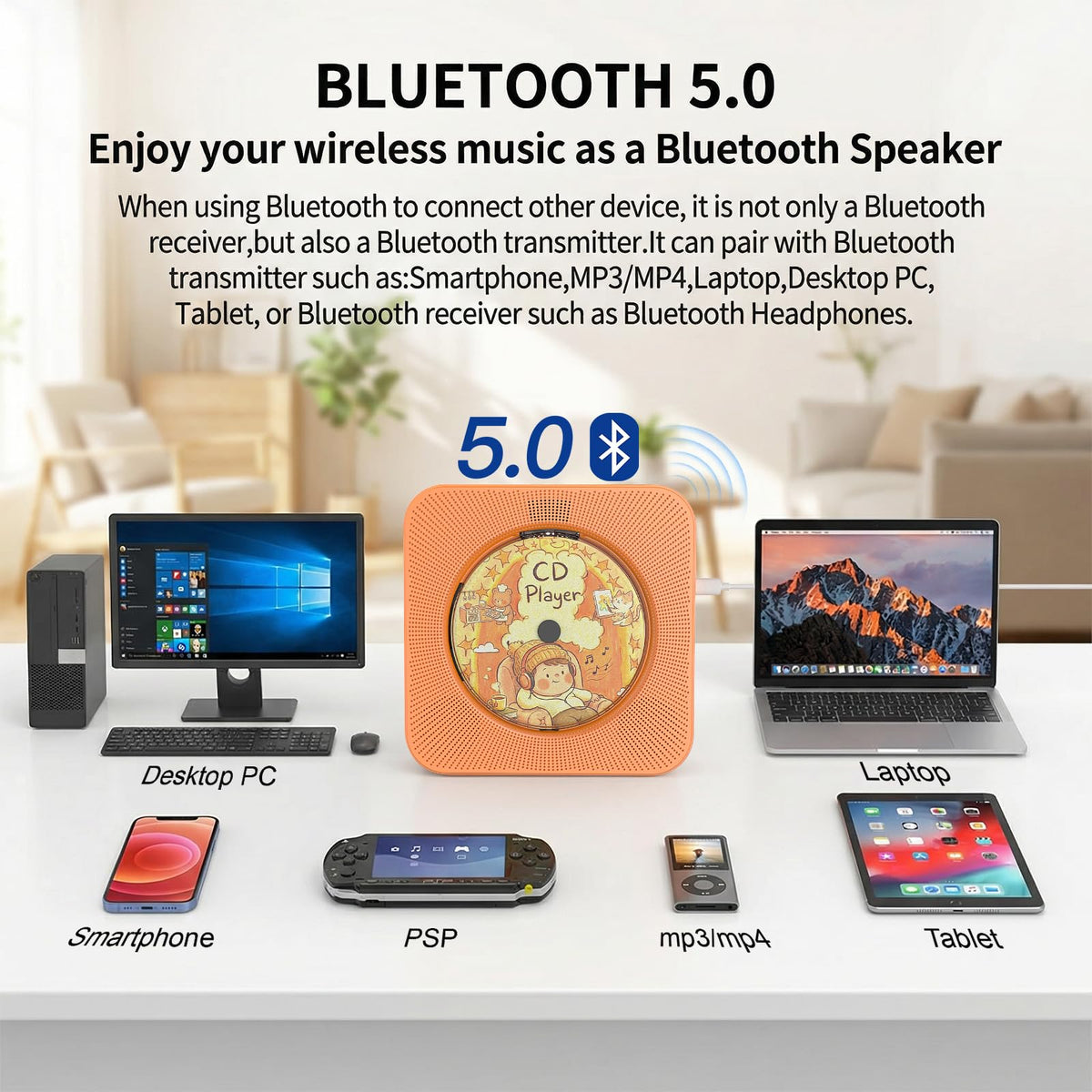 Portable CD Player with Bluetooth, Gueray Desktop CD Players for Home, Bulit-in Double HiFi Speakers, AUX&Headphone Jack, FM Radio Boombox with Remote Control, USB Port,LCD Display (White)