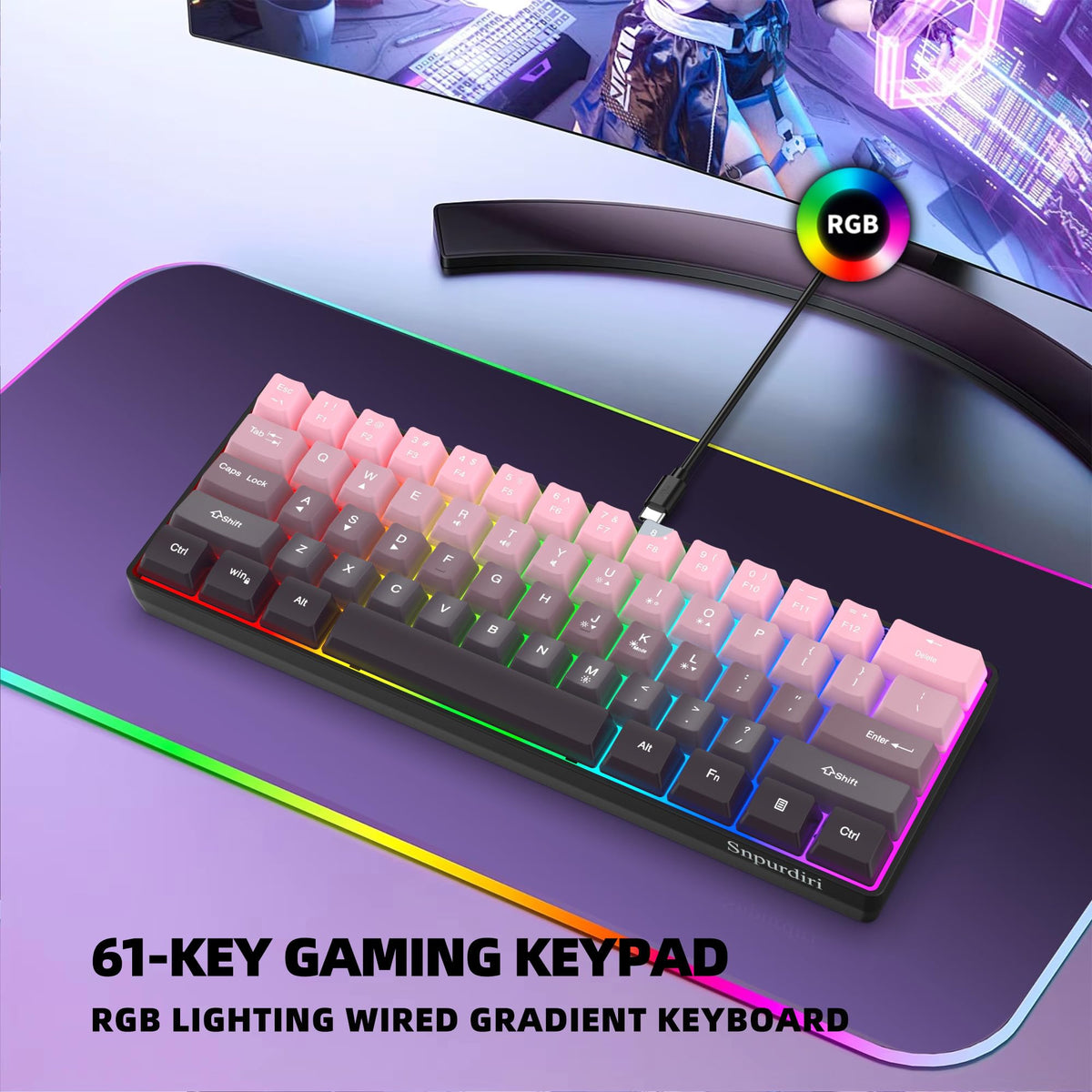 Snpurdiri 2.4G 60% Wireless Gaming Keyboard and Mouse Combo (White-Grey)