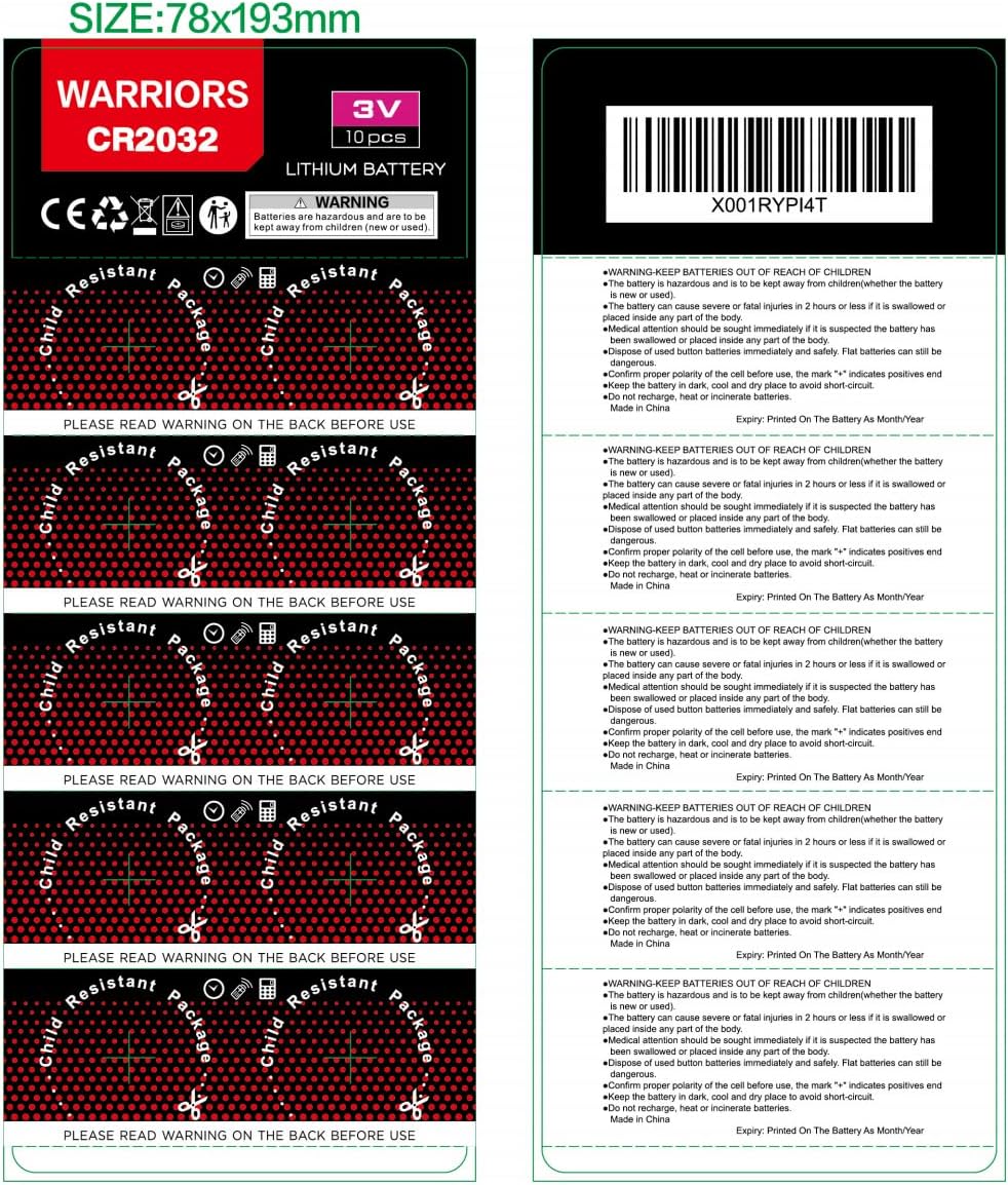 Warriors 10X CR2032 Batteries, 3V 240mAh Lithium Coin Batteries