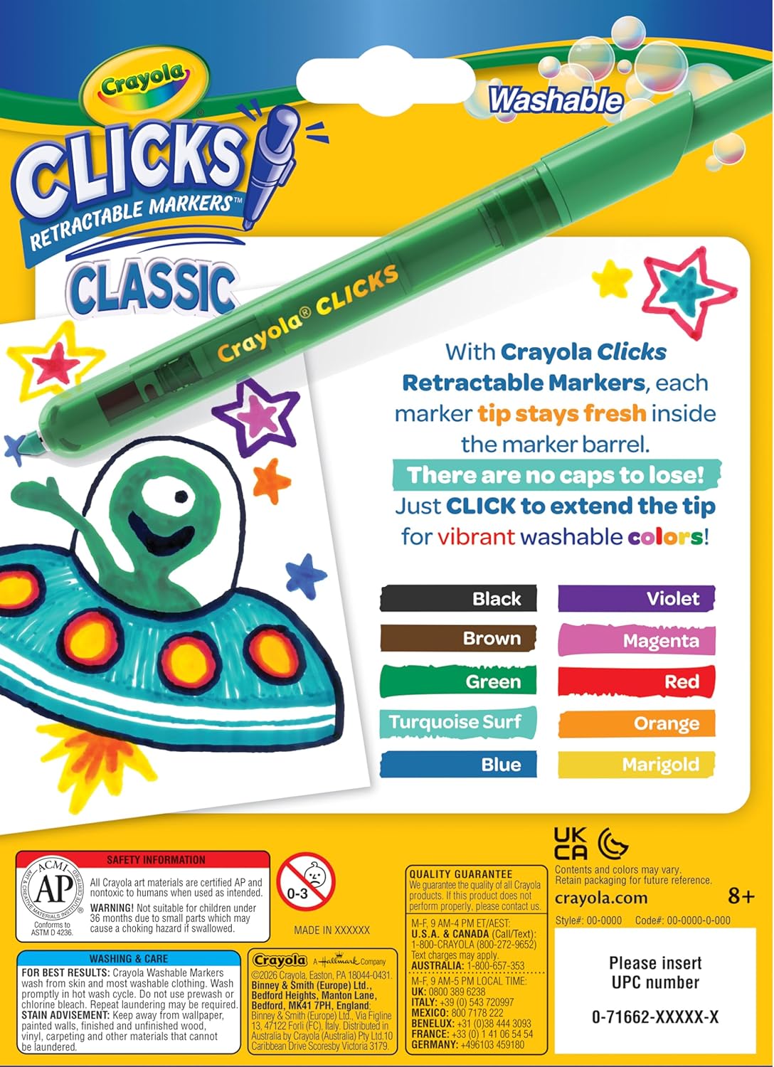 Crayola Clicks Retractable Tip Markers (10ct), Washable Cone Tip Art Marker Set, Cute Aesthetic School Supplies, Classroom Must Haves, Ages 8+