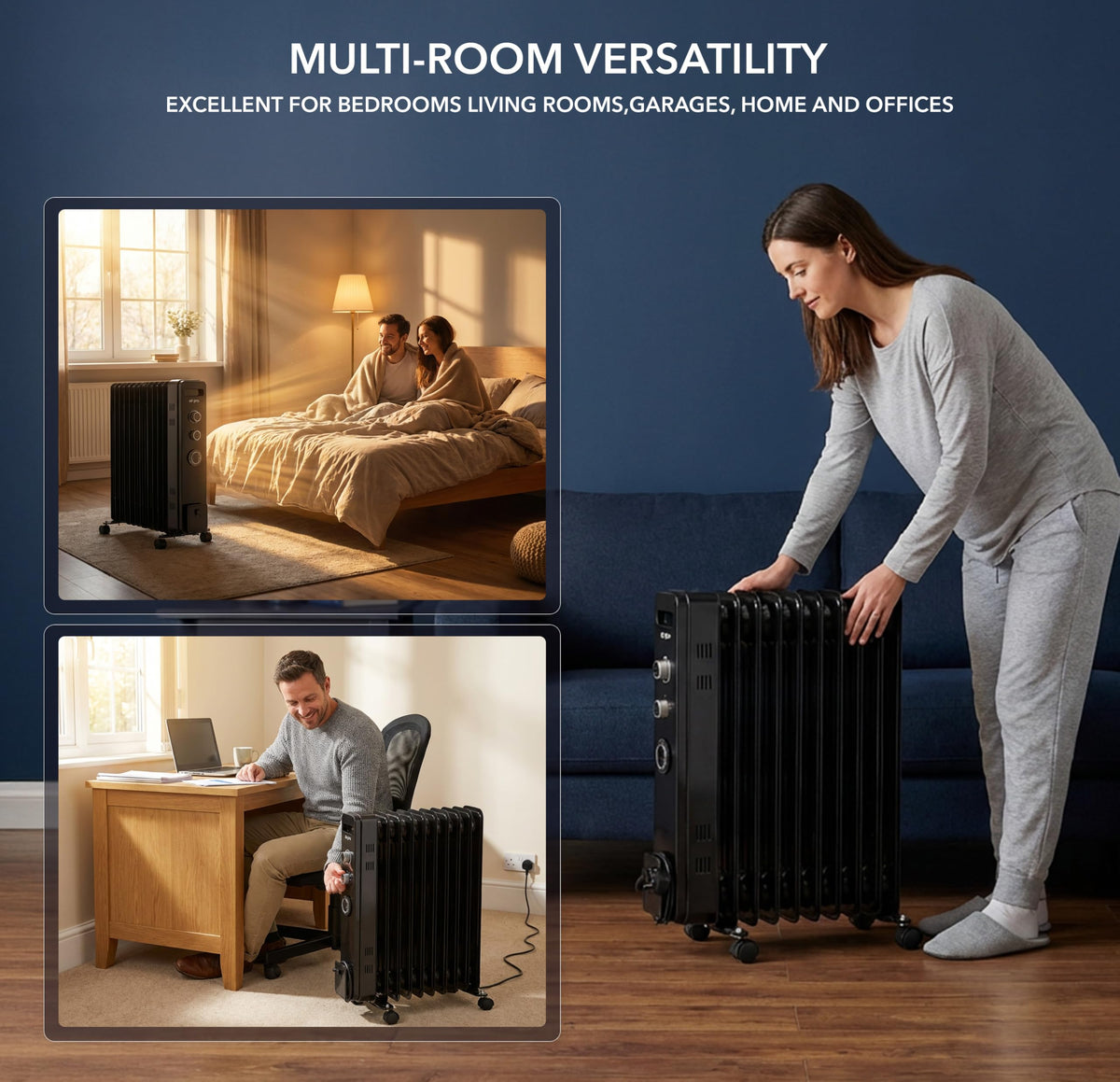Air Pro Oil Filled Radiator 2500W with Thermostat & 24h Timer – 11 Fin Portable Electric Heater 3 Heat Settings, Overheat & Tip-Over Protection, Quiet for Home, Office and Any Room Radiator on Wheels