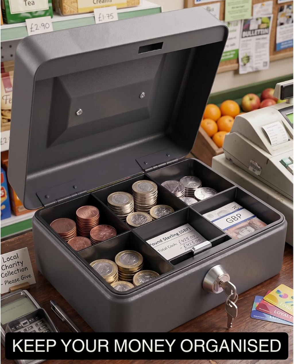 Requisite Needs Metal Money Box Tin 6" Steel Cash Safe Box Petty Cash Deposit Tin with Lock 2 Keys for Security (BLACK)