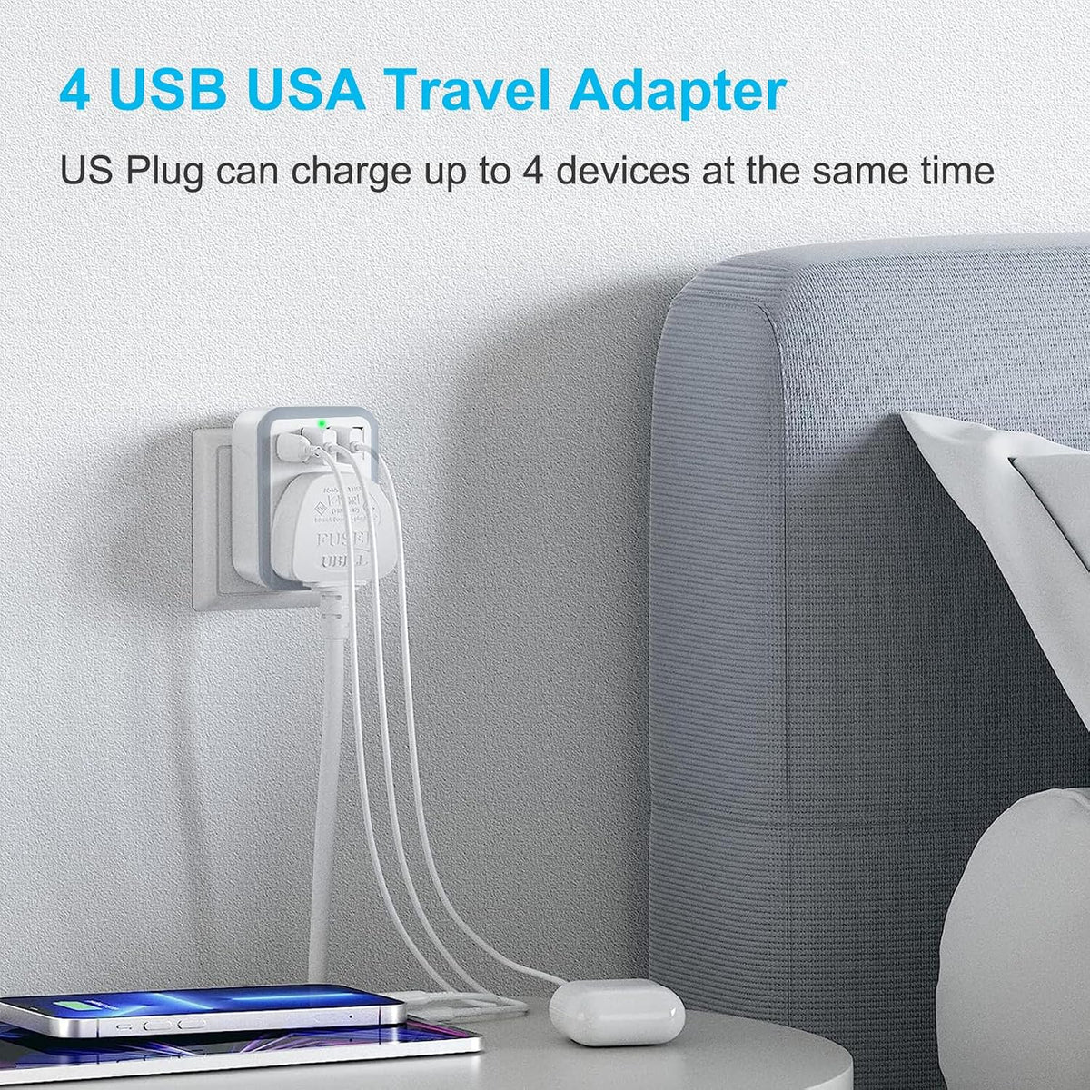 Loydia UK to US Plug Adaptor, 5 in 1 USA Plug Travel Adapter with 3 USB & 1 USB C Ports, American travel plug adapter from UK to USA, US, Canada, Thailand, Mexico, Colombia (Type B)