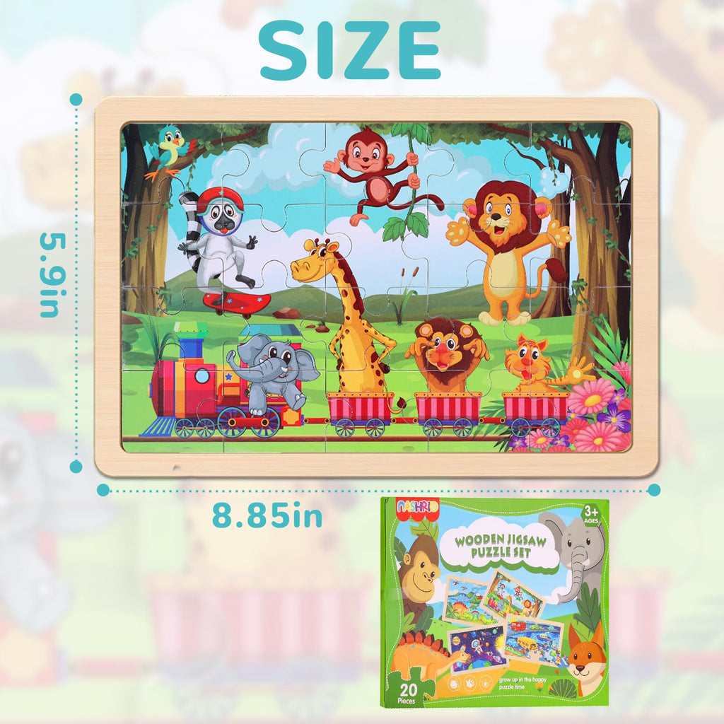 Wooden Puzzles Dinosaur Toys for Kids Ages 3-5, Set of 4 Packs with 20-Piece Wood Jigsaw Puzzles, Preschool Educational Brain Teaser Boards for Boys and Girls 3 4 5 6 Years Old