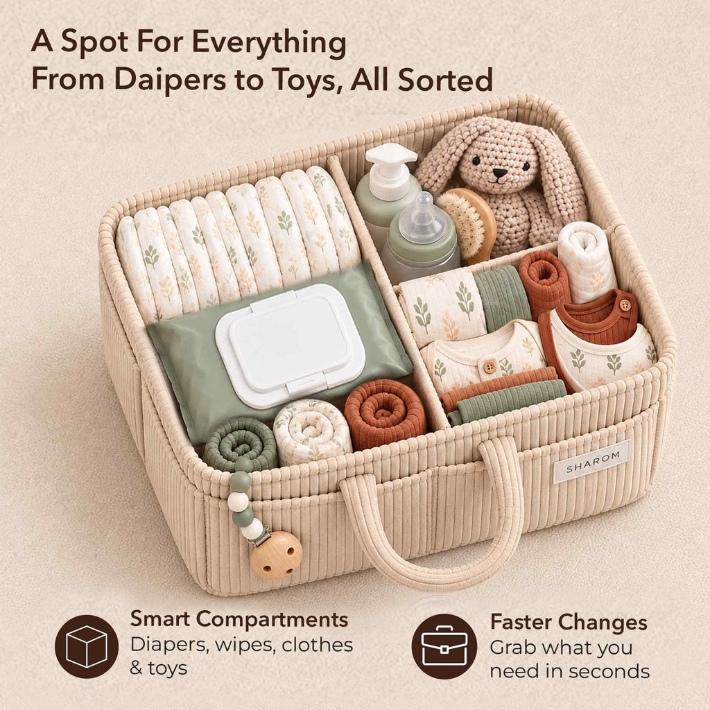 Essential Baby Caddy for Newborns. Spacious, Sturdy & Portable Diaper and Nappy Caddy for Newborn Essentials, Nursery Storage Basket & Organiser for Baby Shower Gifts & Registry Must-Haves Grey