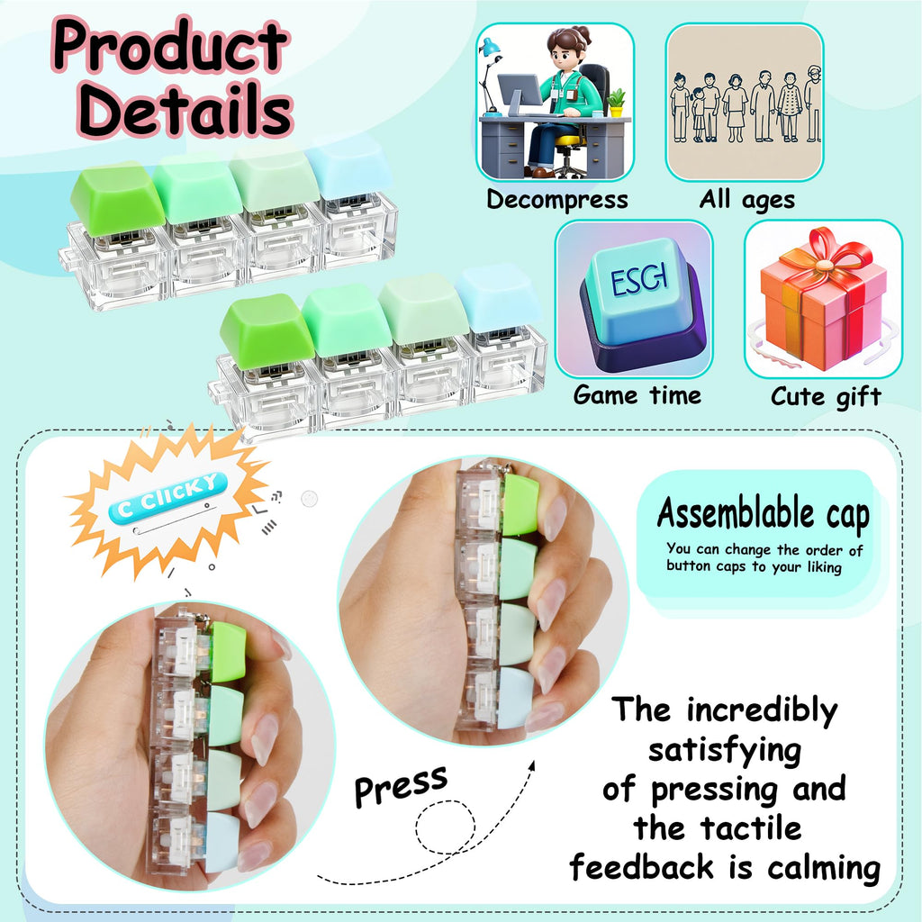 2 PCS Keyboard Fidget Toy, Keyboard Fidget Keychain 4-in-1 Keyboard Decompression Button Finger Clicker Toys (Pink Yellow White Green, General)