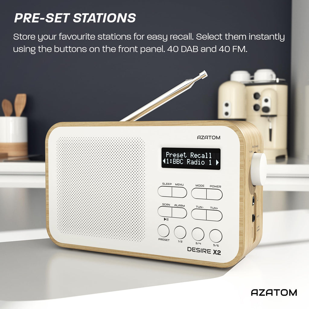 DAB/DAB+ & FM Portable Digital Radio | Simple Controls | Dual Alarms & Sleep Timer | Battery & Mains Powered (4x”AA”) | Bluetooth | Perfect for Home, Office or Outdoors | AZATOM Desire X2 (Black)