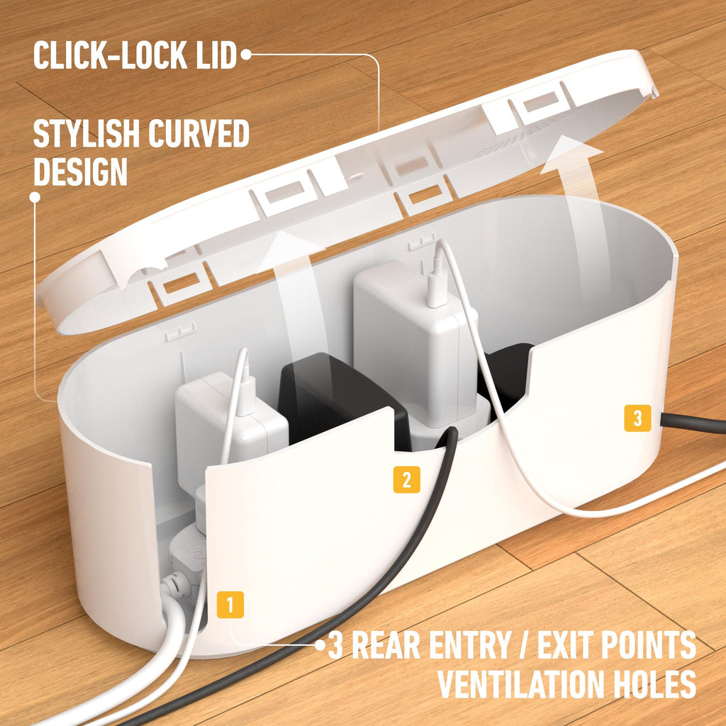 D-Line Cable Tidy Box, Hide Extension Blocks, Desk Cable Management, Organise TV Cables - 415mm (L) x 165mm (W) x 135mm (H) - Large, White