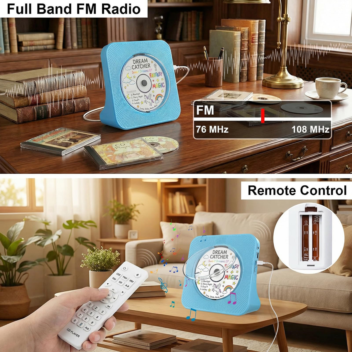 Portable CD Player with Bluetooth, Gueray Desktop CD Players for Home, Bulit-in Double HiFi Speakers, AUX&Headphone Jack, FM Radio Boombox with Remote Control, USB Port,LCD Display (White)
