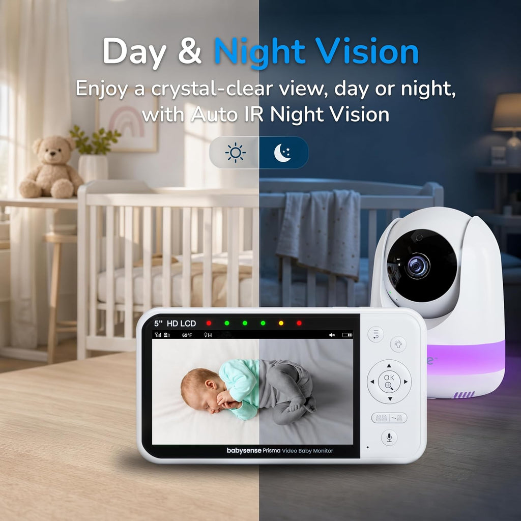 Babysense Prisma Baby Monitor with Camera and Night Vision, 5” HD Video Baby Monitor, 6-Color Night Light, Split Screen, Baby Sound Machine with White Noise & Lullabies, Secure No WiFi