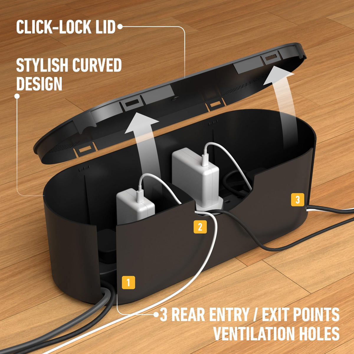 D-Line Cable Tidy Box, Hide Extension Blocks, Desk Cable Management, Organise TV Cables - 415mm (L) x 165mm (W) x 135mm (H) - Large, White
