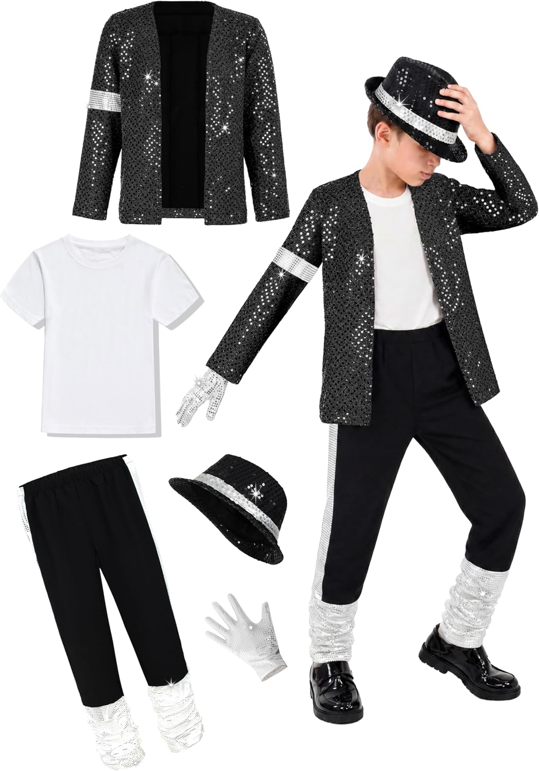 Disco Costume Kids 80s Sequin Pop King Dance Star Halloween Party Cosplay Outfit for Boys